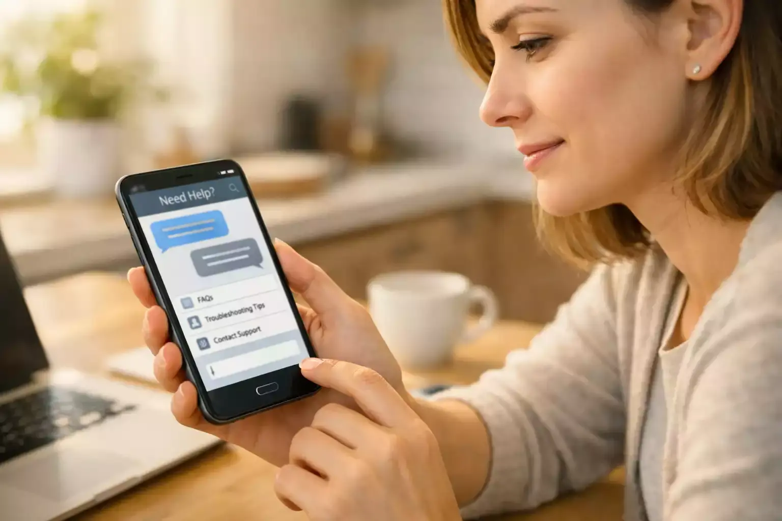 Person kontaktiert Kundensupport am Smartphone wegen App-Problem