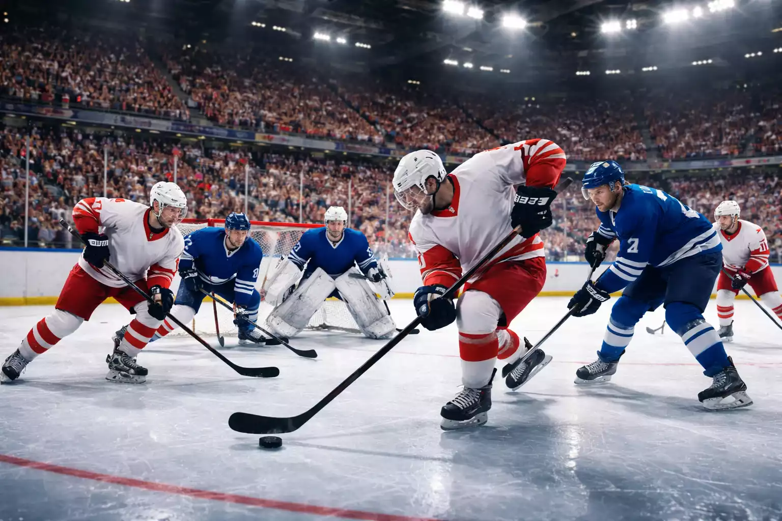 Eishockey-Spielszene in der Schweizer National League Arena mit Spielern auf dem Eis