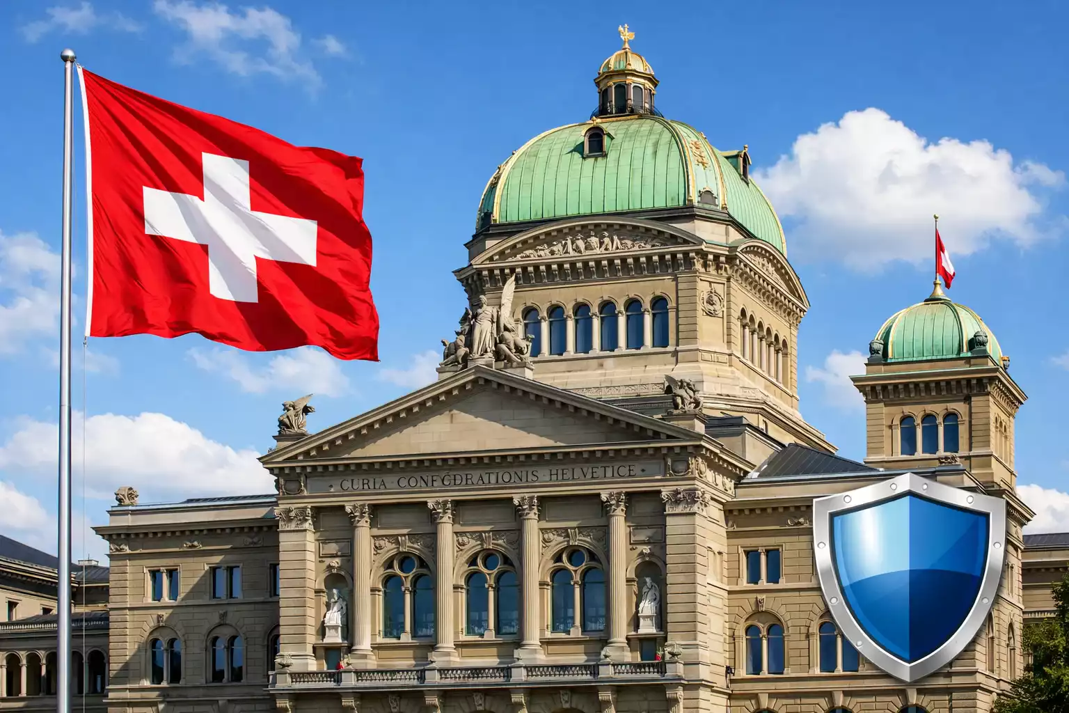 Bundeshaus in Bern mit Schweizer Flagge als Symbol für die Geldspielregulierung