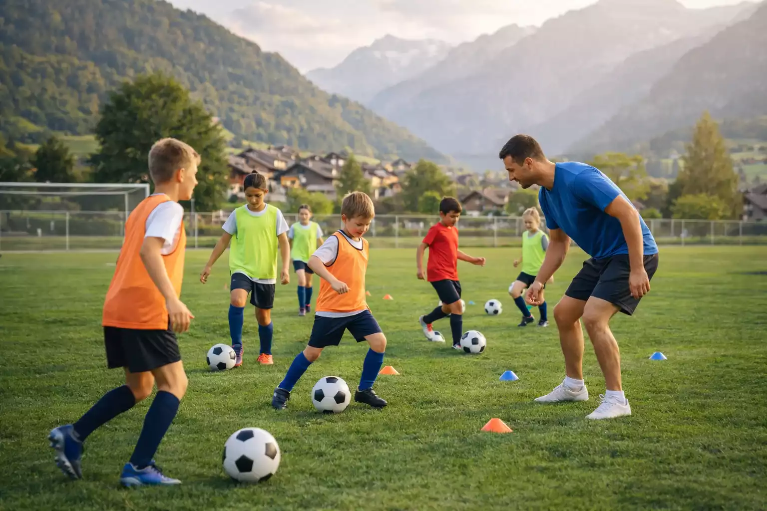 Lokaler Schweizer Sportverein trainiert auf dem Fussballplatz mit Jugendlichen