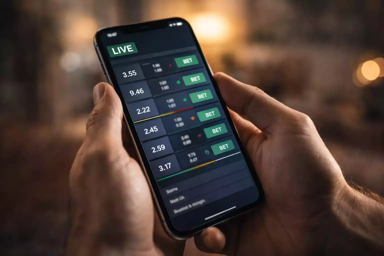 Smartphone zeigt Live-Wetten-Interface mit aktuellen Quoten und Spielstand