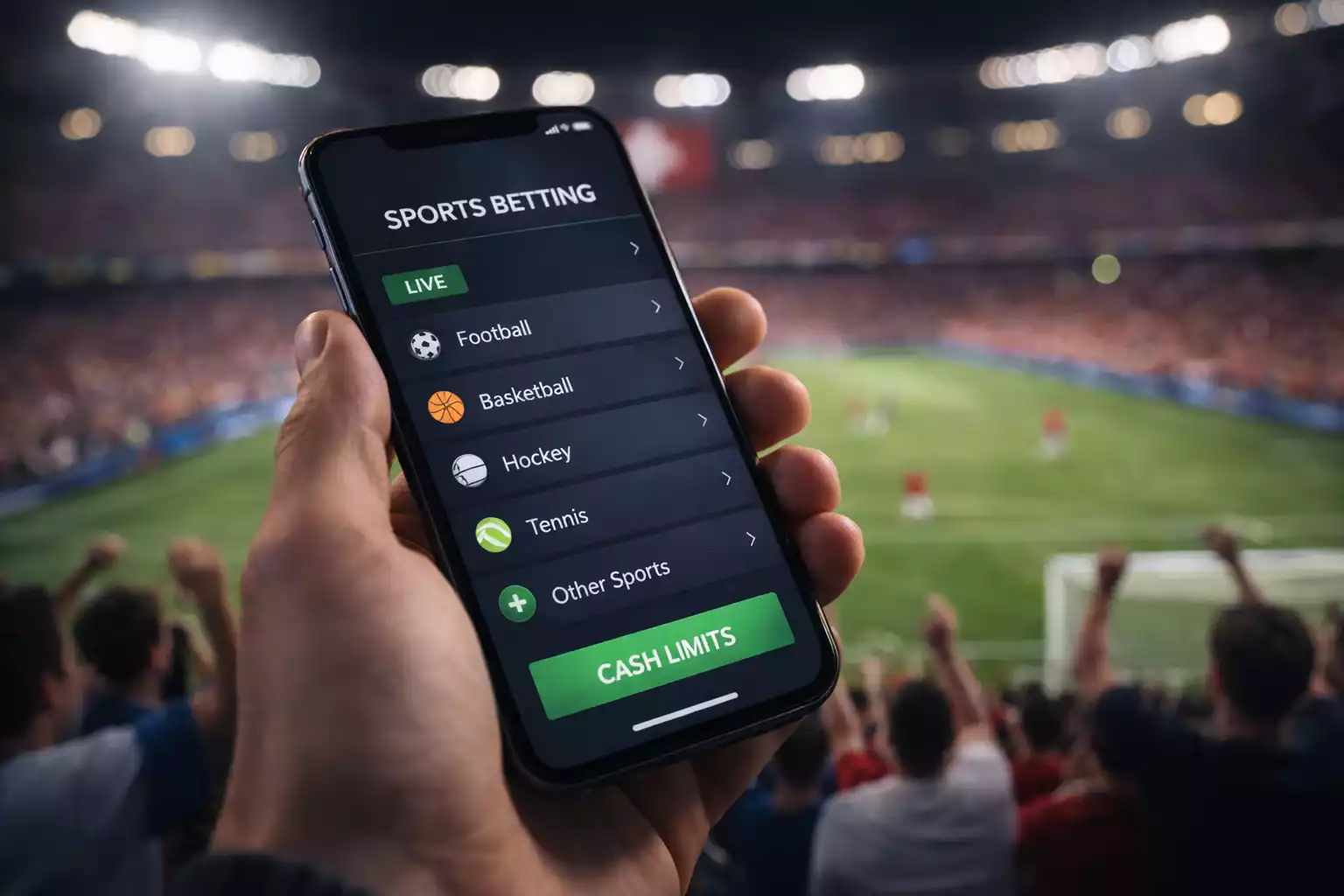 Smartphone mit Sportwetten-App in der Hand vor Stadion-Atmosphäre