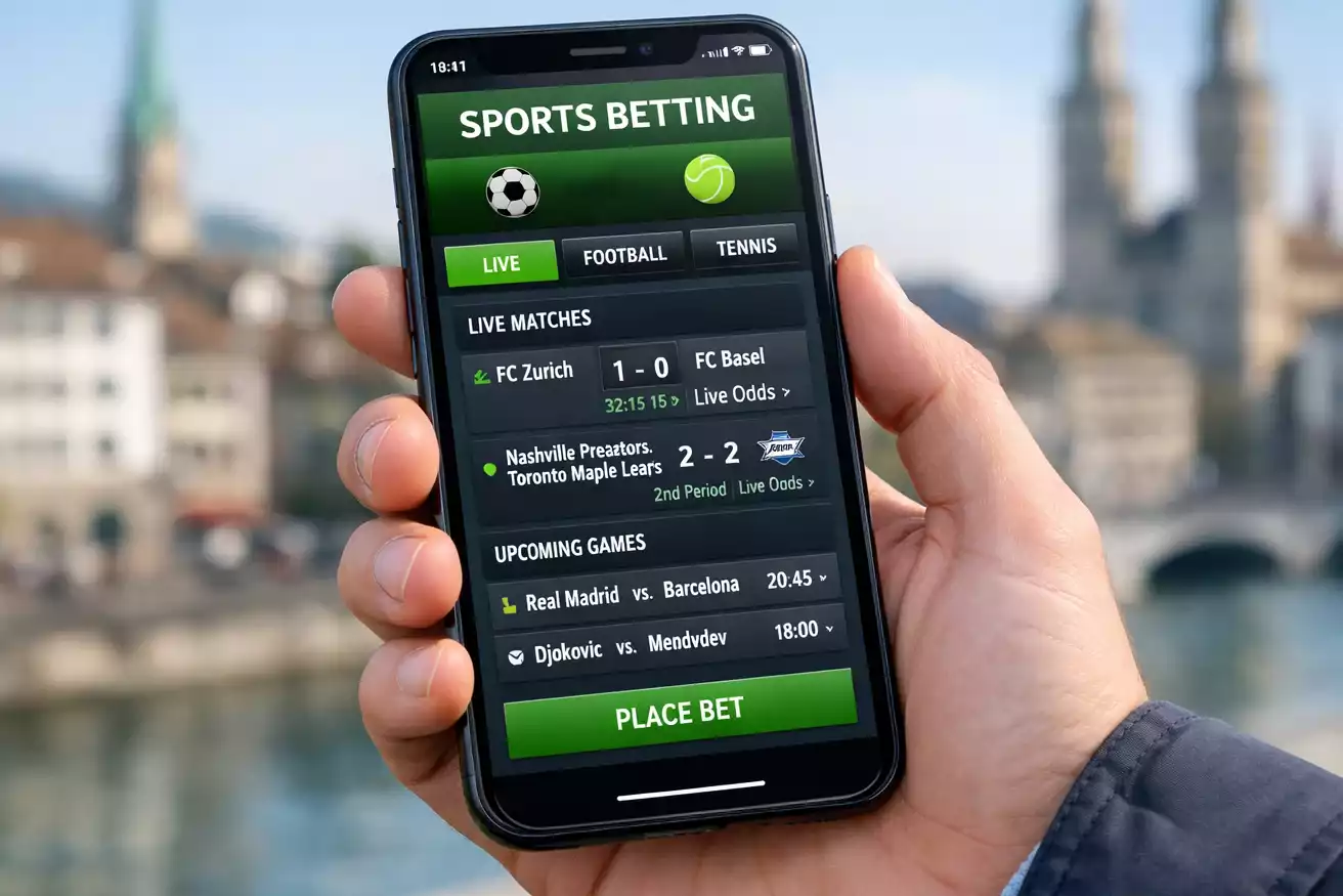 Smartphone mit Sporttip-App vor verschwommener Schweizer Stadtkulisse