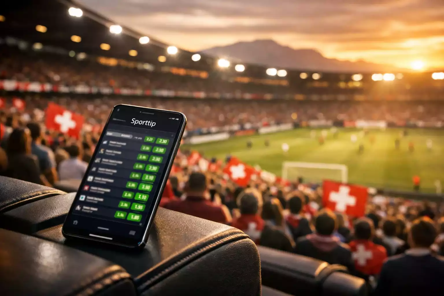 Schweizer Sportstadion bei Sonnenuntergang mit Smartphone und Sportwetten-App im Vordergrund