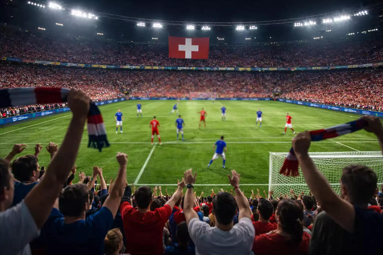 Spannendes Fussballspiel im Stadion bei Flutlicht mit euphorischen Fans