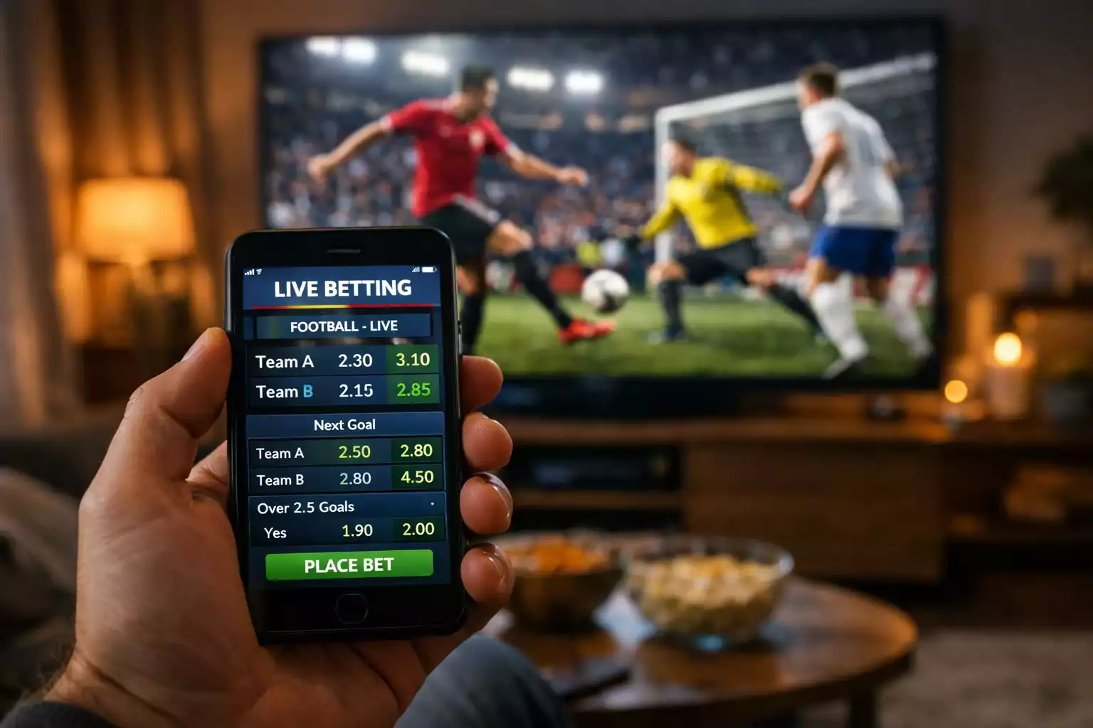 Person schaut Fussballspiel auf TV und hält Smartphone mit Live-Wetten-App