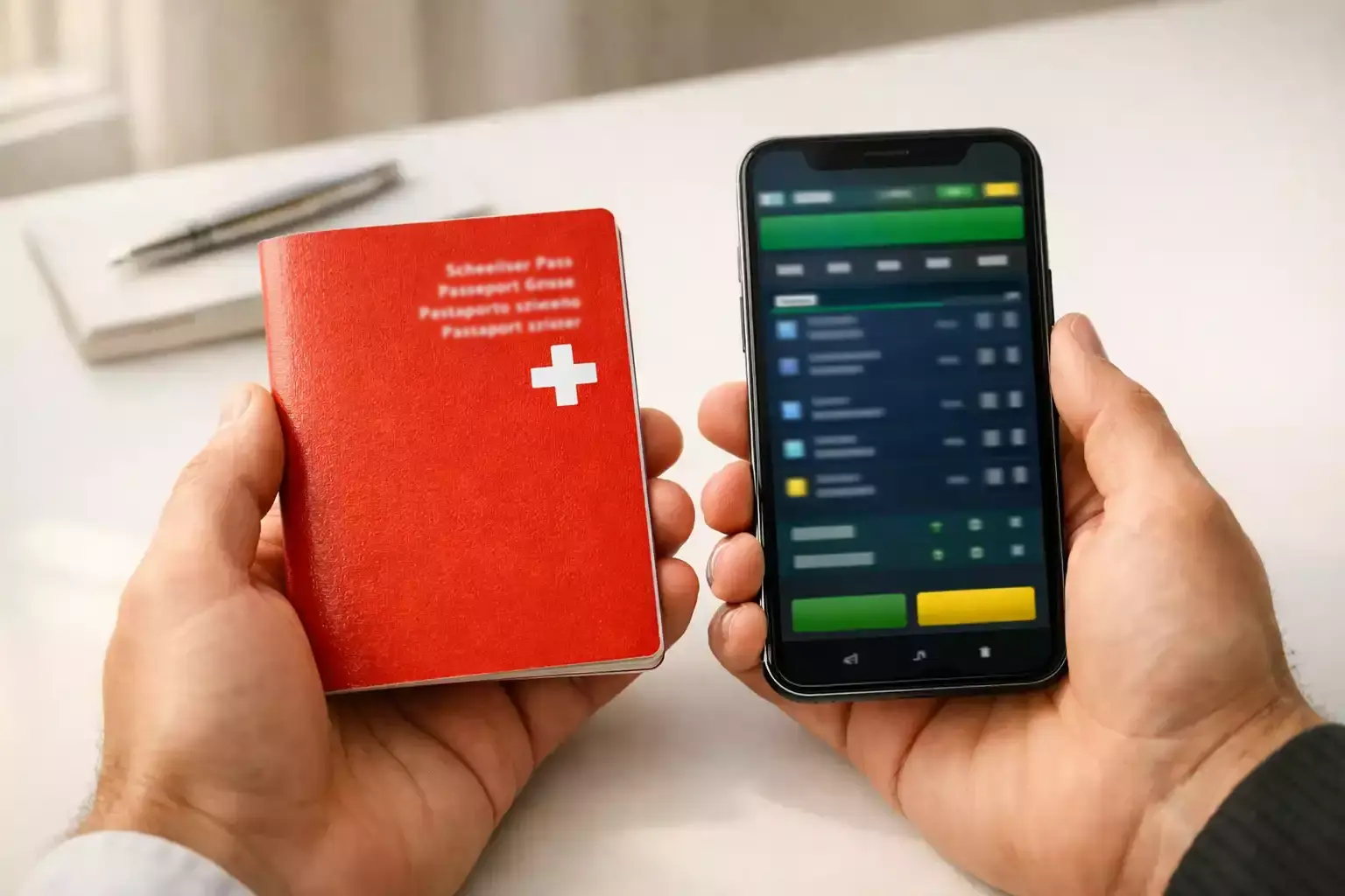 Hände halten einen Schweizer Pass und ein Smartphone mit Registrierungsformular