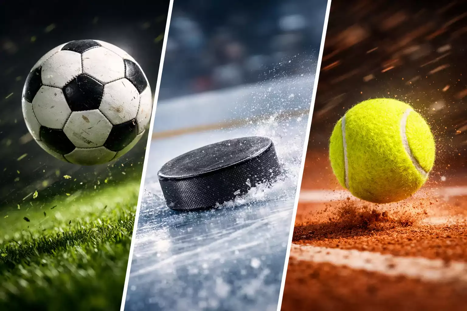 Dynamische Sportcollage mit Fussball, Eishockey-Puck und Tennisball in Bewegung