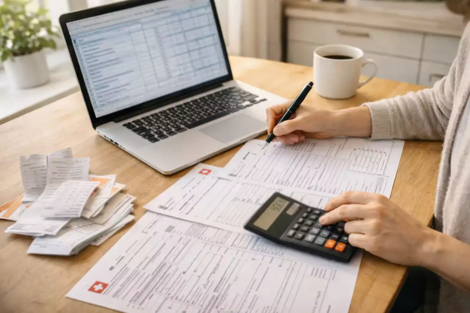 Person f&uuml;llt Schweizer Steuerformular am Schreibtisch aus mit Dokumenten