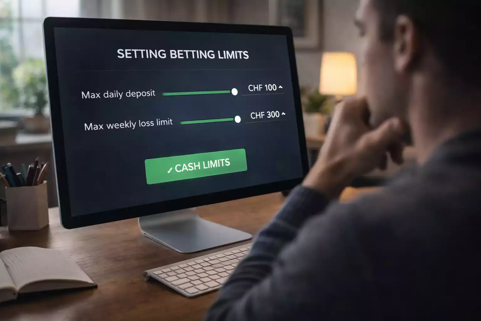 Person setzt Wettlimits am Computer f&uuml;r verantwortungsvolles Spielen