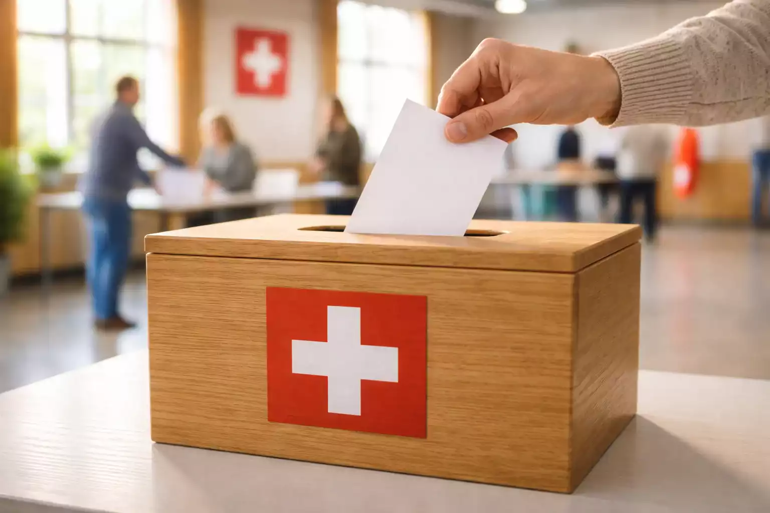 Schweizer stimmen bei einer Volksabstimmung ab mit Wahlurne