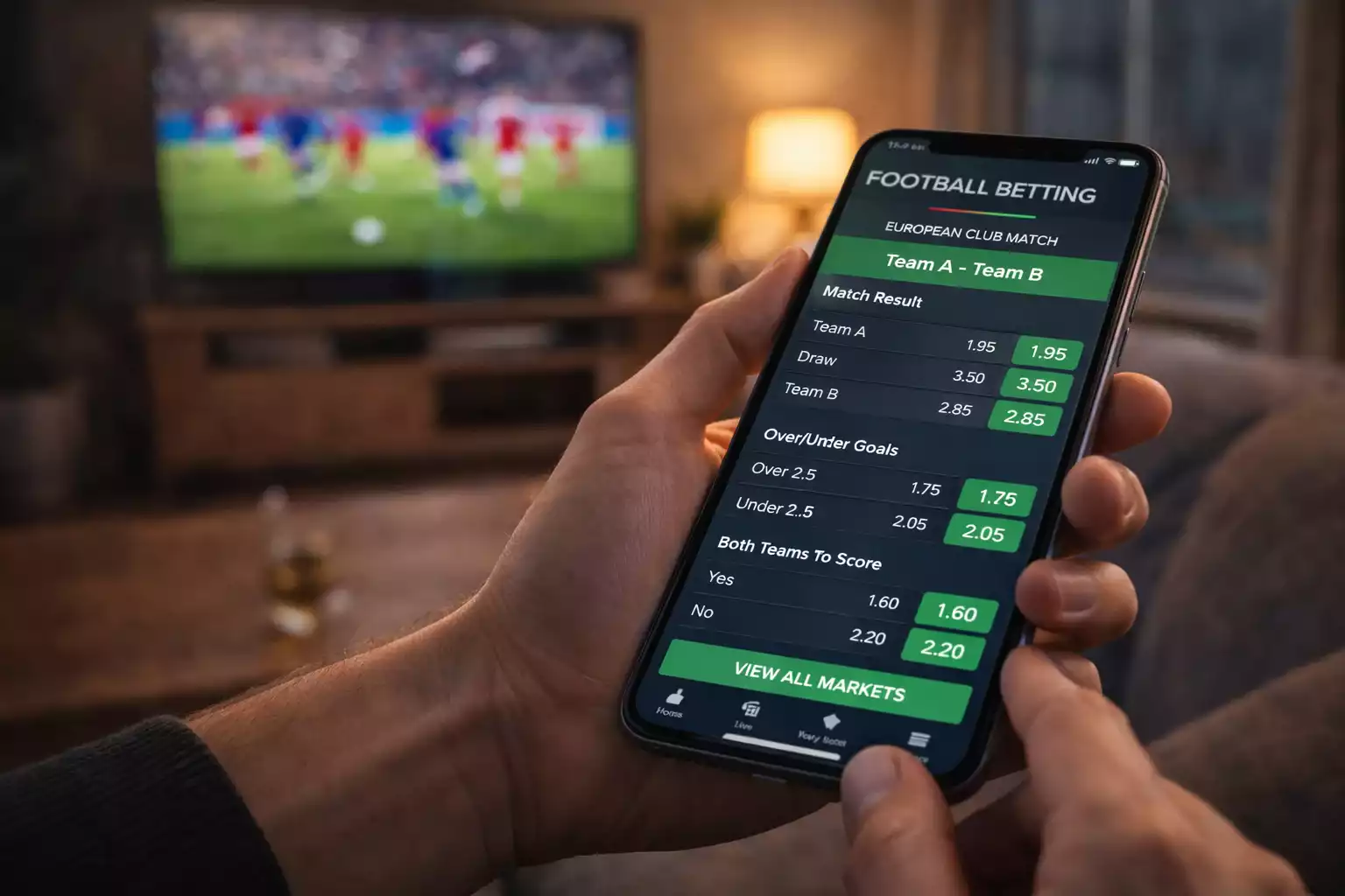 Smartphone zeigt Fussball-Wettmärkte für ein Champions League Spiel