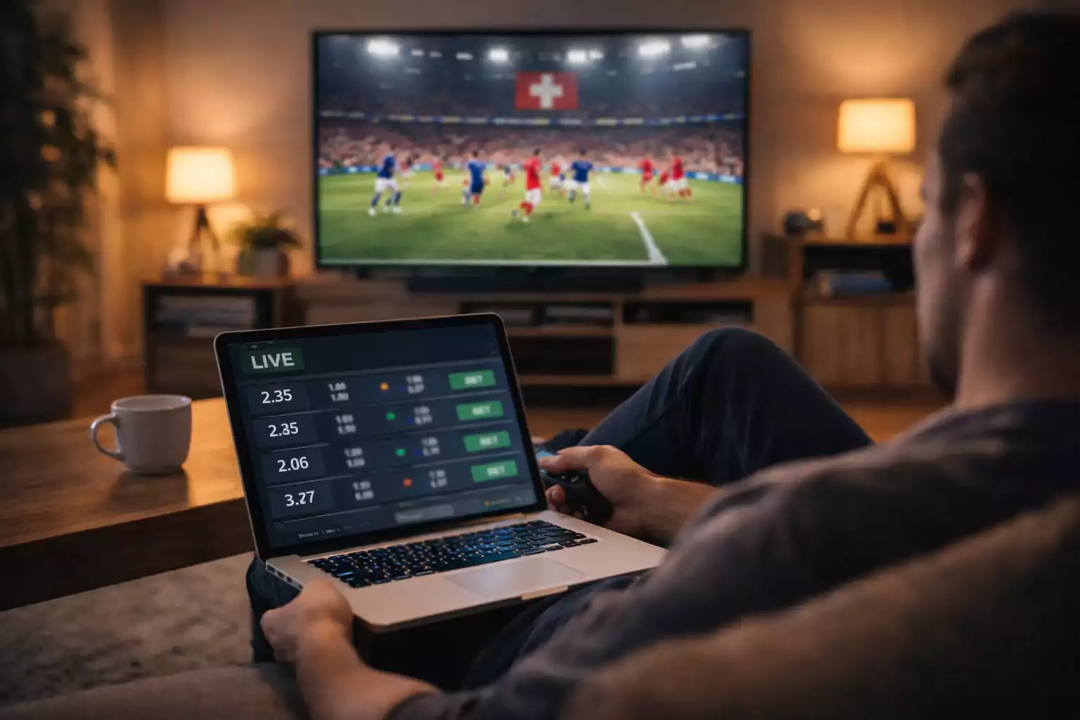 Person wettet am Laptop w&auml;hrend Fussballspiel auf dem Fernseher l&auml;uft