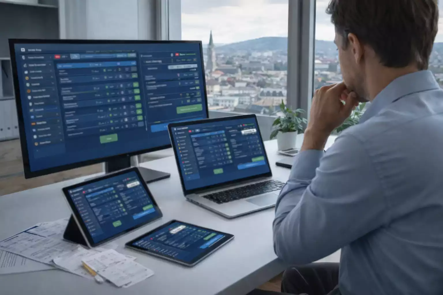 Moderne B&uuml;roumgebung mit Datenanalyse auf mehreren Bildschirmen